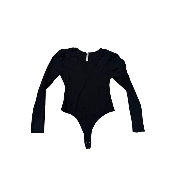 Free People Tops - Intimately Free People Black V-Neck Long Sleeve Puff Shoulder Bodysuit Small